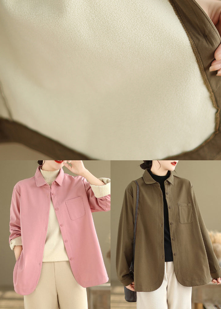 WW | Pink Oversized Pockets Fleece Wool-lined Coats Winter