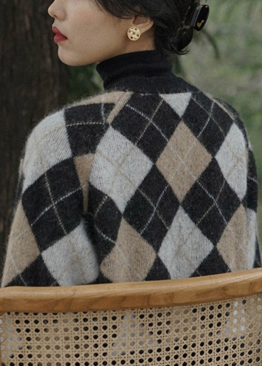 WW | Plaid V-neck Button Knit Cardigans Long Sleeve