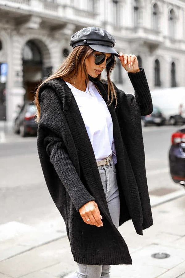 WW | Damen Casual Lange Strick-Cardigan mit Kapuze und Oversized Passform