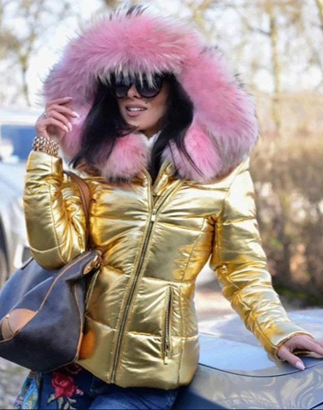 WW | Jacke Glänzend Reißverschluss Jacke mit Pelzkragen Winterjacke für Damen