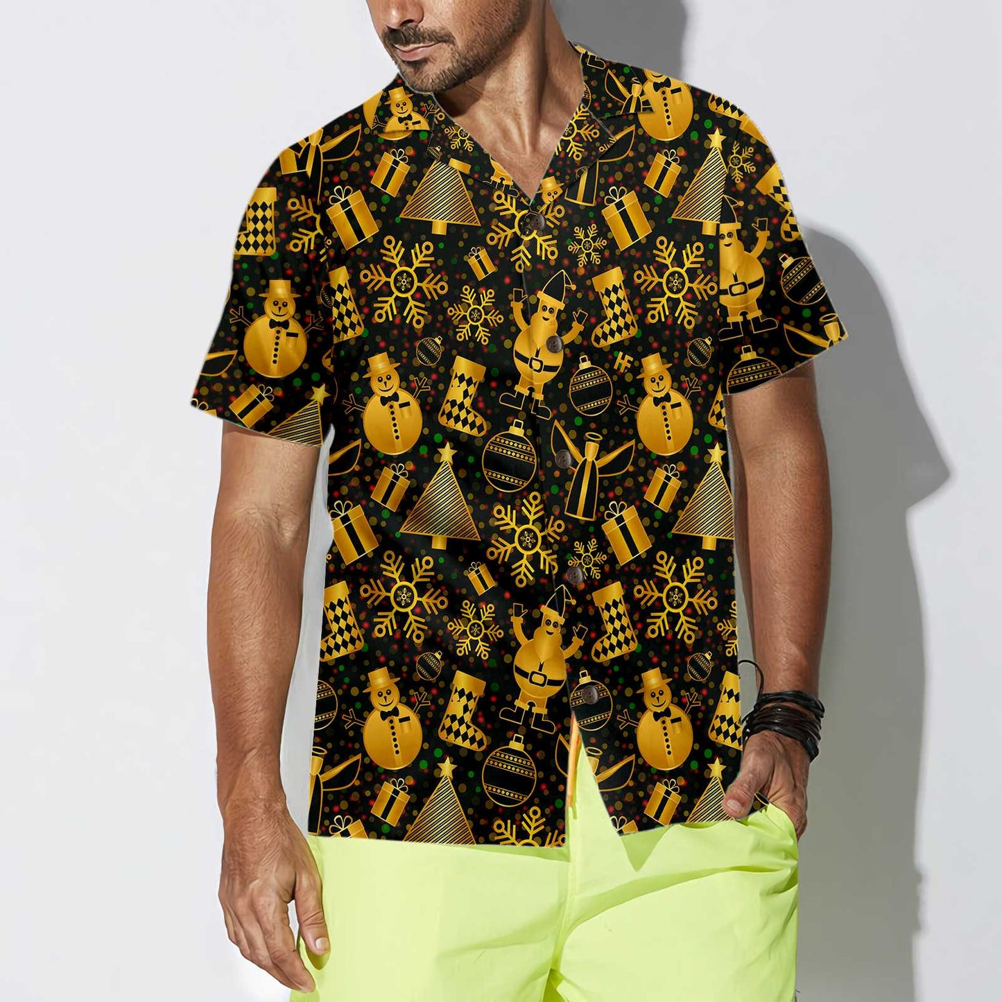 WW | Goldene Weihnachten Elemente Hawaiihemd, Lustiges Weihnachtshemd für Männer, Beste Xmas Geschenkidee