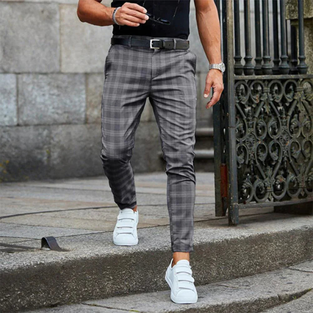 WW | Men's Plaid Fabric Trousers - Slim Fit Suit Trousers with Stretch and Elastic Waistband