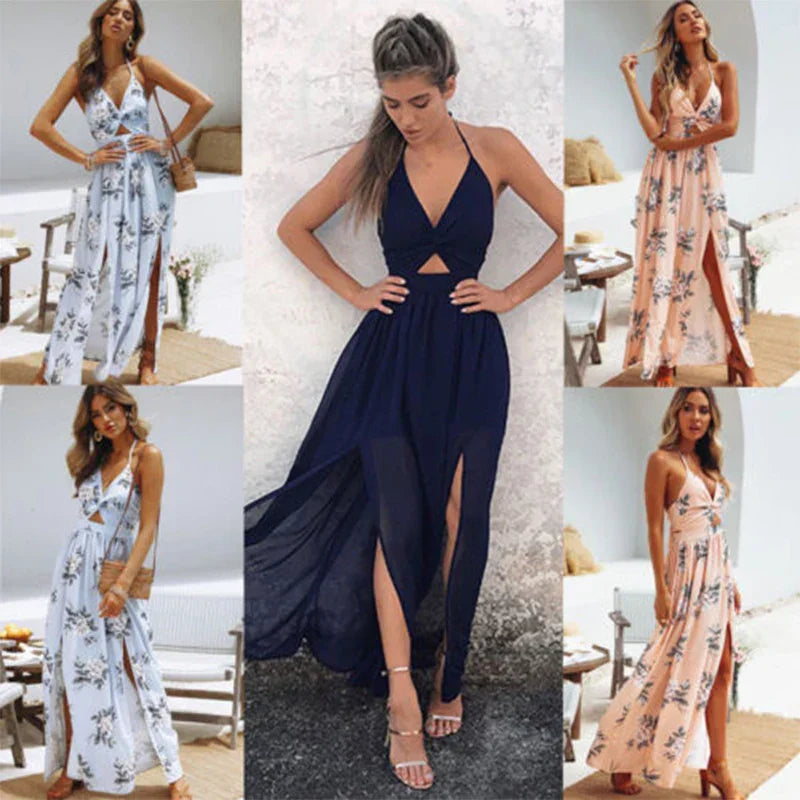 Sierra - Boho Floral Halter Neck Maxi Dress