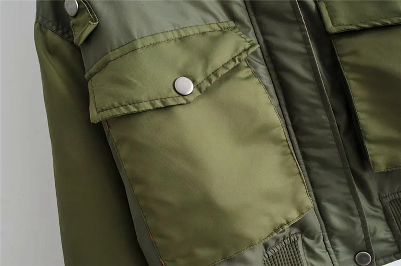 WW | Cropped Utility Bomber Jacket with Patch Pockets and Zipper Sleeves