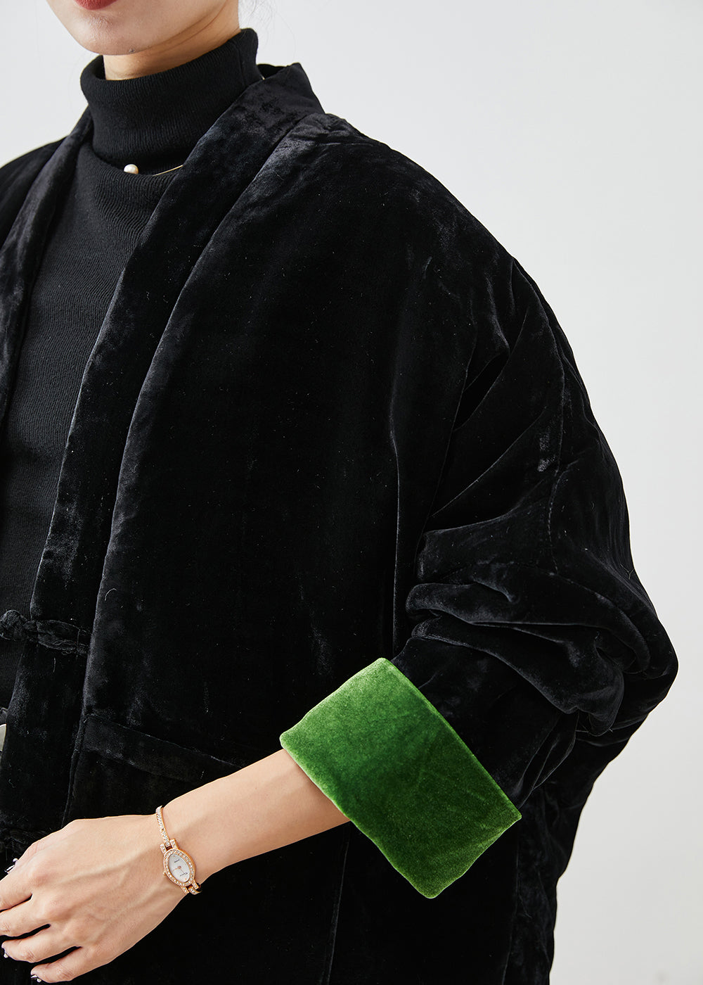 WW | Black Chinese Button Thick Cotton Padded Silk Velvet Coats Winter
