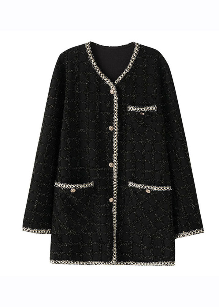 WW | Black Round Neck Pocket Plaid Patchwork Long Sleeve Knit Coat