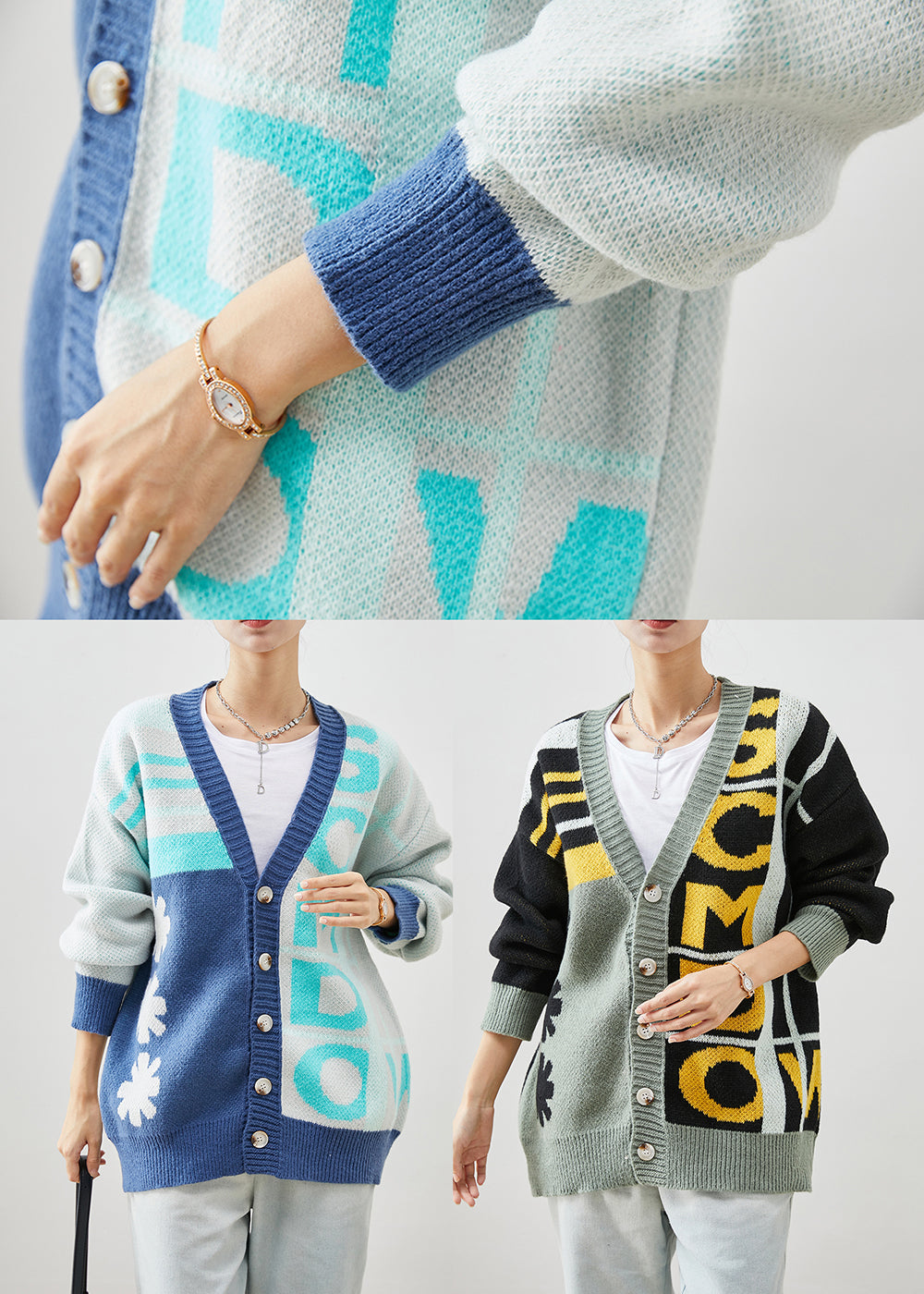 WW | Blue Oversized Print Knit Cardigan Winter