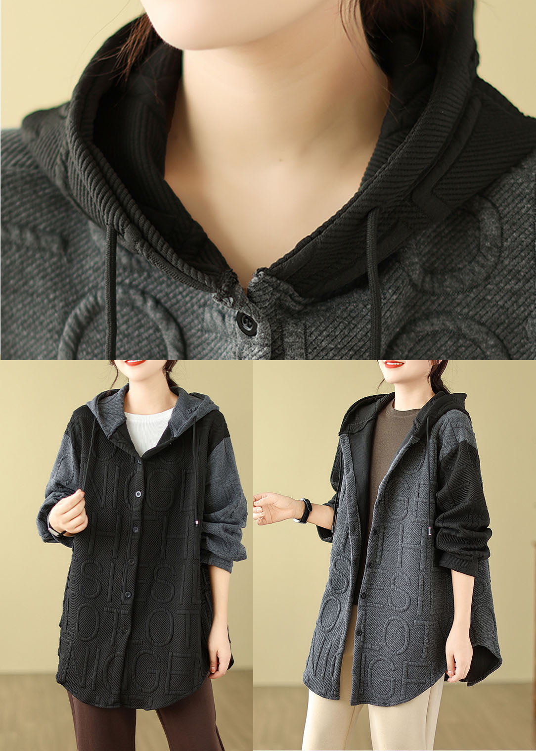 WW | Grey Patchwork Hooded Coats Long Sleeves