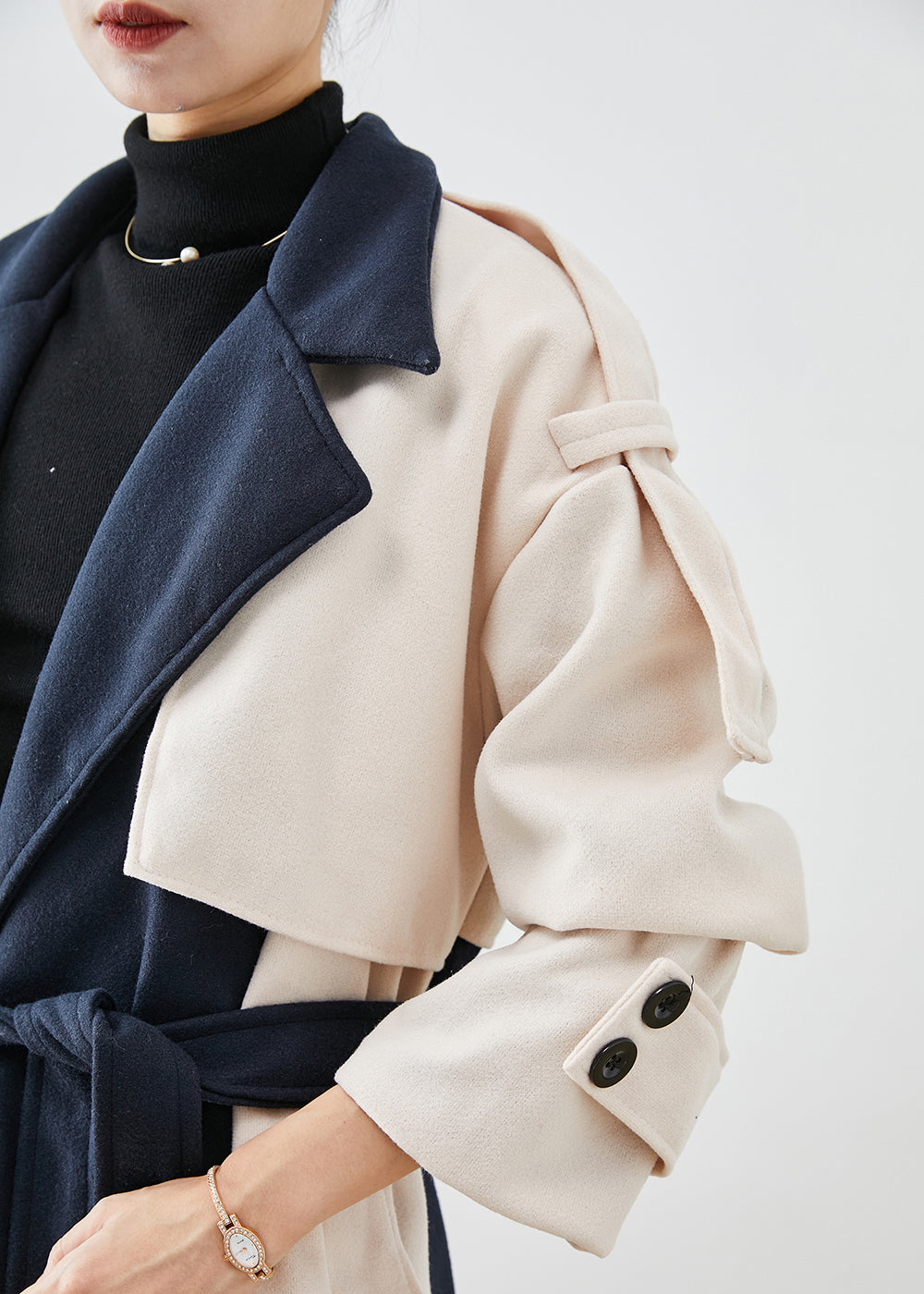 WW | Navy Asymmetric Patchwork Wool Trench Coat
