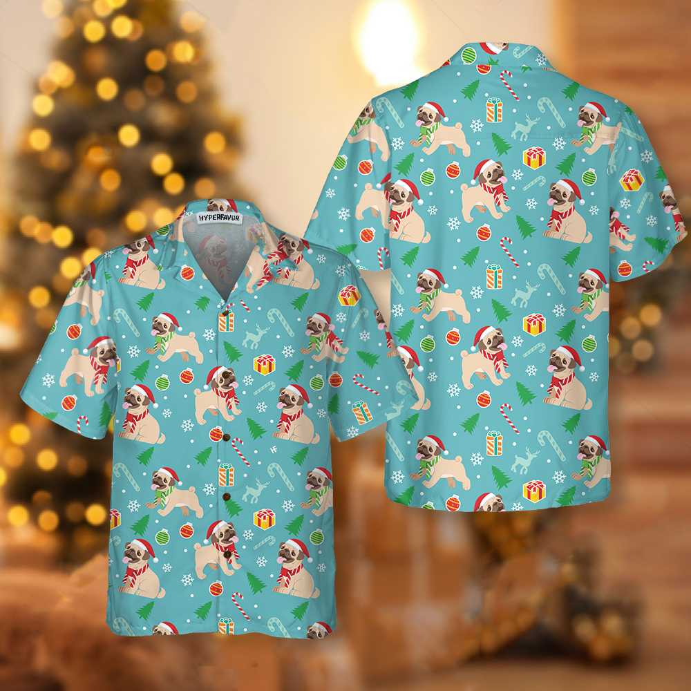 WW | Fröhliches Mops Hund Weihnachten Hawaiian Shirt, Lustiges Mops Weihnachten Shirt