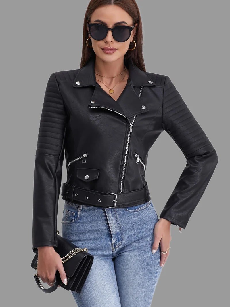 WW | Bikerjacke - Klassisches schwarzes PU-Leder - Asymmetrischer Reißverschluss - Edgy Streetwear