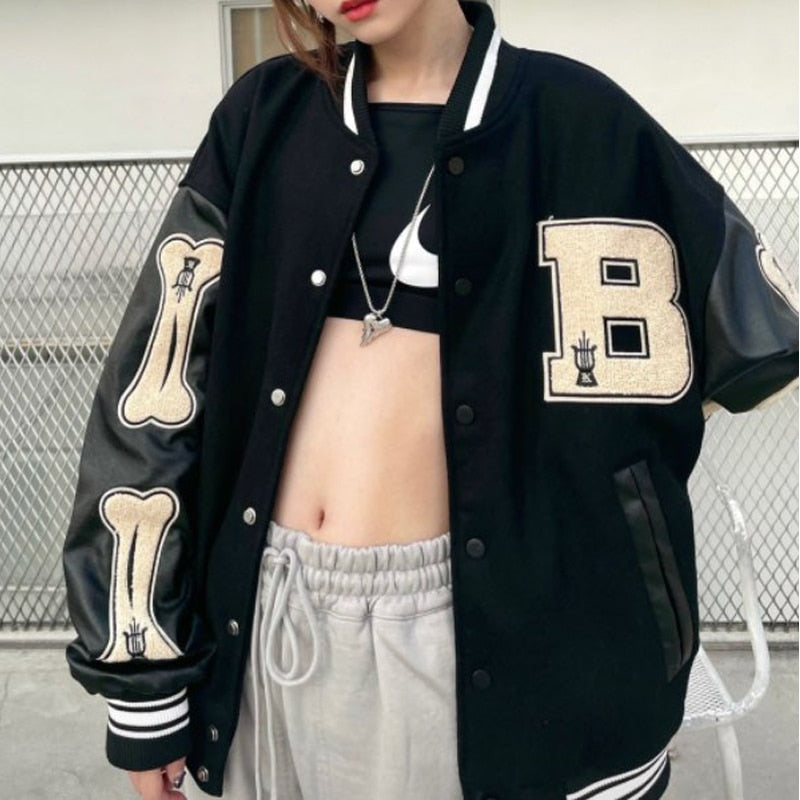 WW | Graphic Varsity Bomber Jacket with Bone Sleeve Design