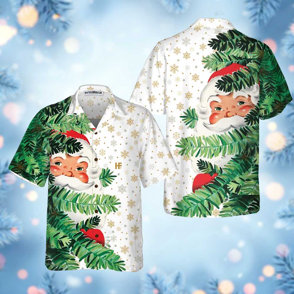 WW | Hi Santa Hinter dem Weihnachtsbaum Weihnachtliches Hawaiian-Shirt, Süßes Weihnachtsmann Hawaiian-Shirt