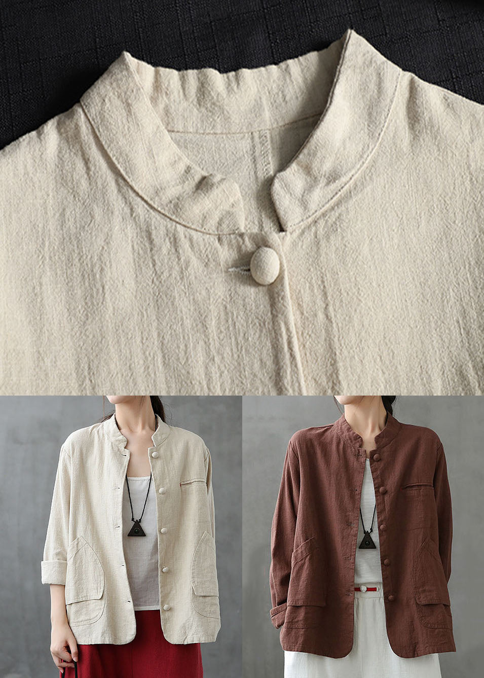 WW | Beige Stand Collar Pockets Patchwork Linen Coats