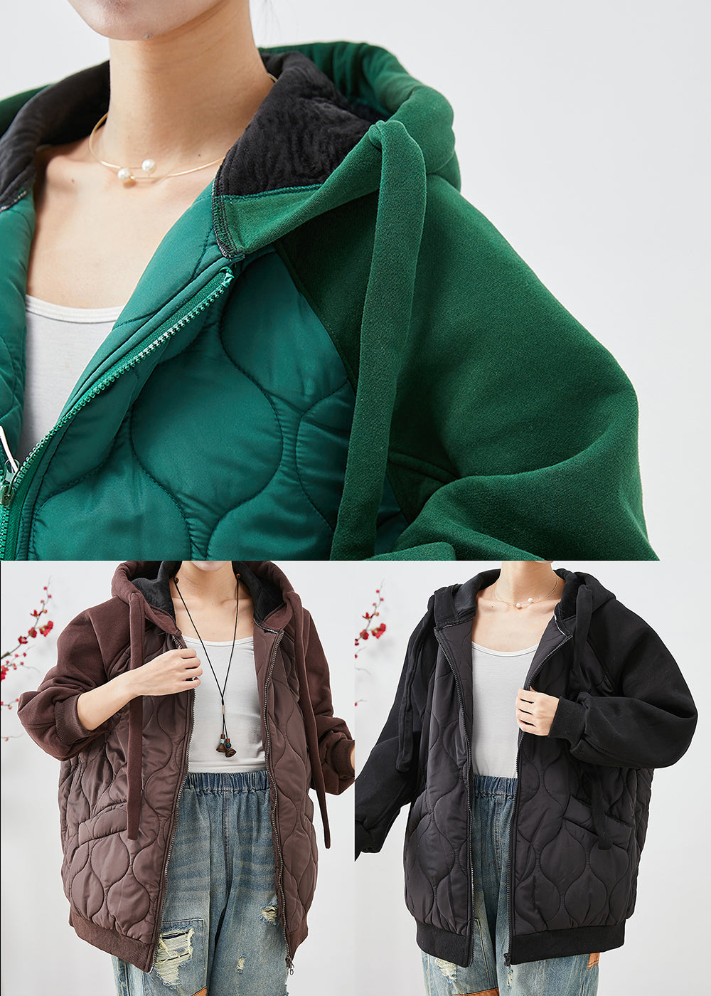WW | Black Hooded Patchwork Fine Cotton Padded Jackets Winter