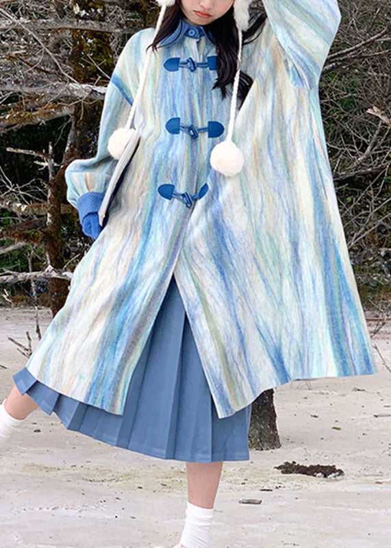 WW | Gradient Blue Peter Pan Collar Button Thick Wool Trench Coats Winter