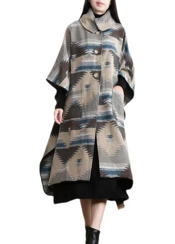 WW | Grey Peter Pan Collar Pockets Patchwork Wool Coats Batwing Sleeves