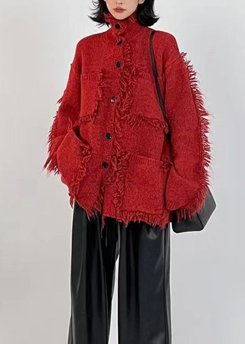 WW | Red Button Pockets Cotton Knit Coats Long Sleeve