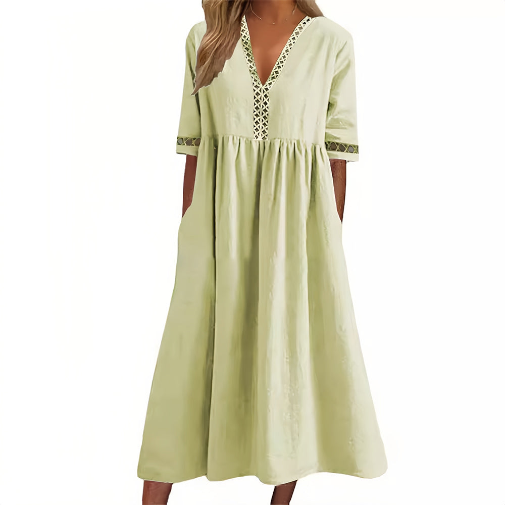 WW | Casual Loose V-Neck Cotton Linen Summer Dress with Short Sleeves