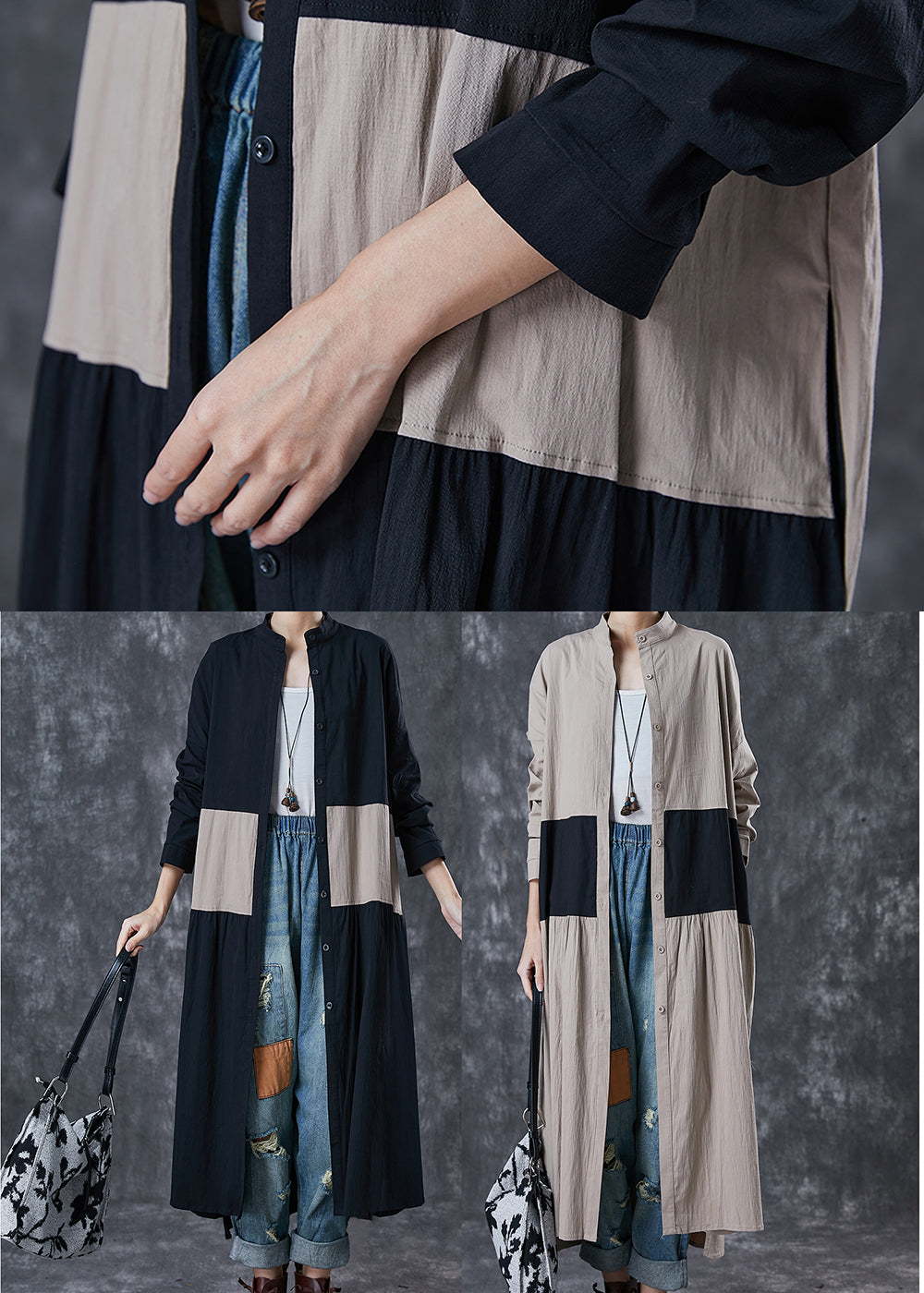 WW | Patchwork Cotton Trench Coats Stand-up Collar