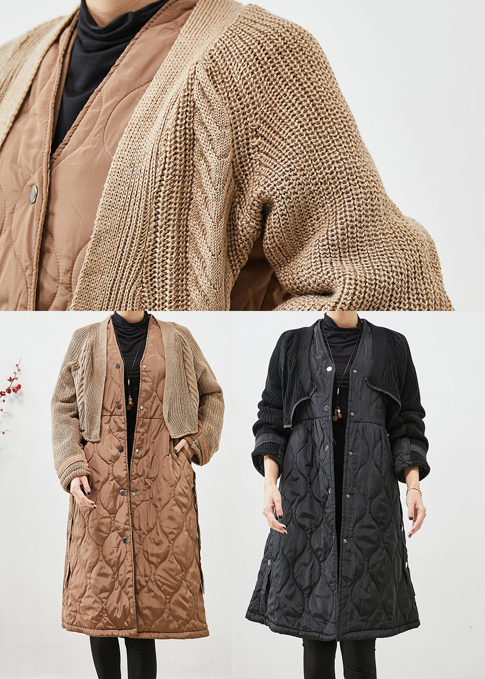 WW | Patchwork Strickfein Baumwolle Gefüllte Puffers Jacken V Hals Taschen Winter