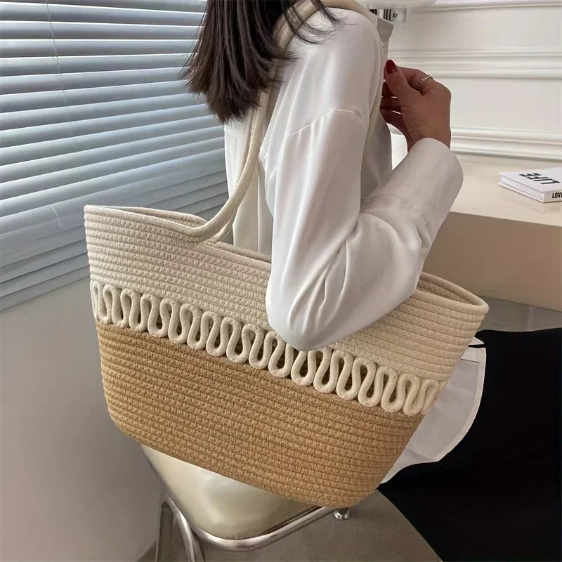WW - Women's shoulder bag with large capacity, handcrafted from knit-kit fabric and straw