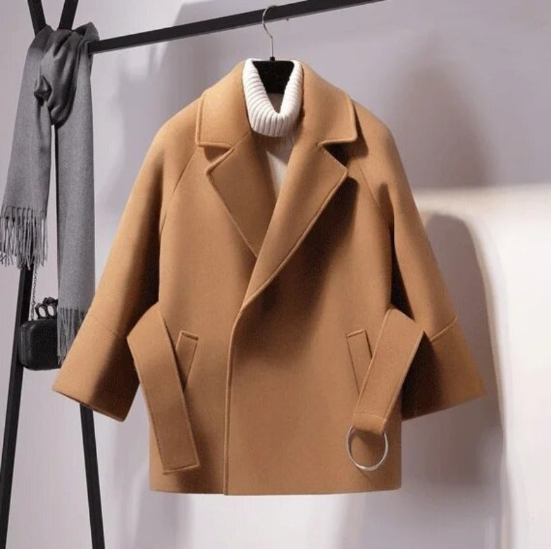 WW | Damen Kurze Woll Winterjacke mit Breitem Gürtel und Reverskragen