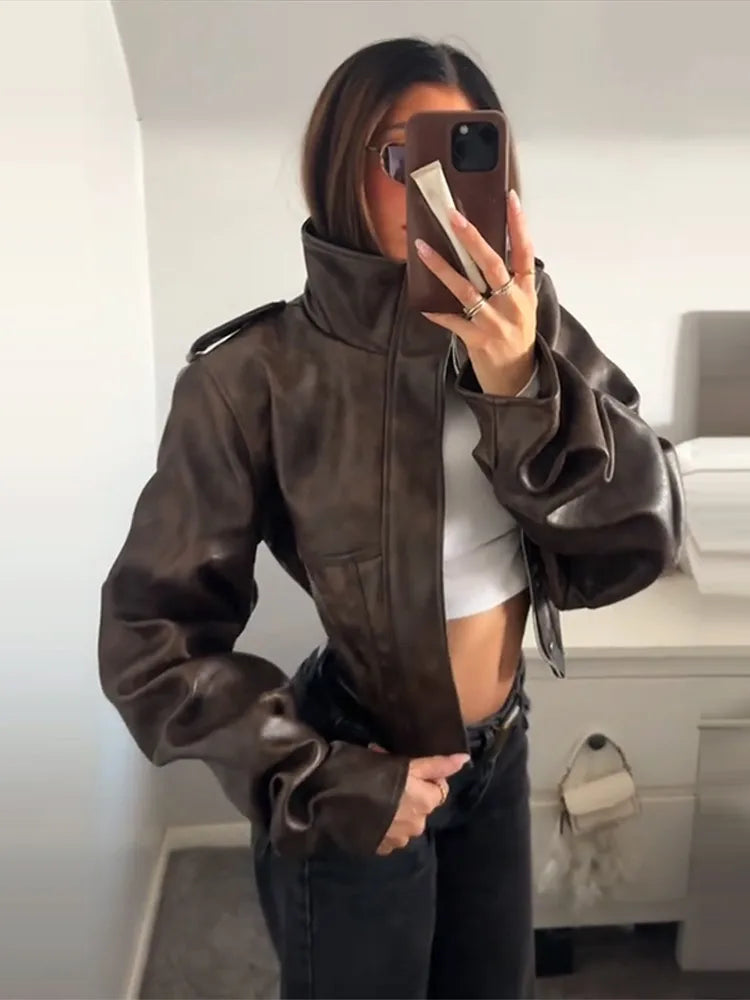 WW | Kunstlederjacke - Modische cropped Bikerjacke mit Ballonärmeln & stilvollem Design