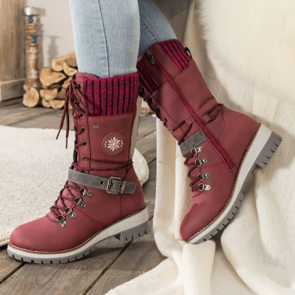 WW | Women's Black Winter Lace-Up Boots – Stylish Warm Boots with Knitted Cuff and Non-Slip Sole