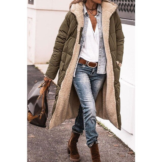 WW | Pufferjacke mit Fleece Gefütterte Wattierte Lange Winterjacke für Damen