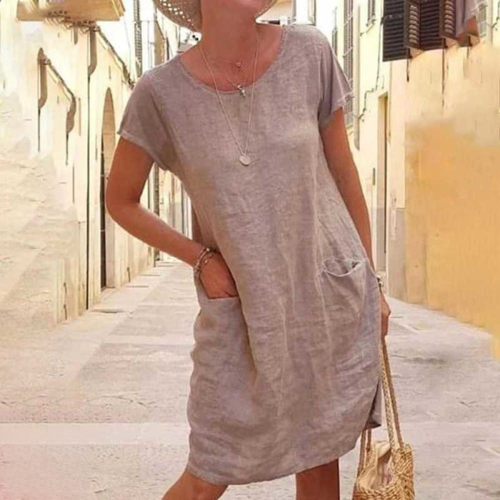 WW | Lässiges Leinenkleid mit kurzen Ärmeln für Frauen