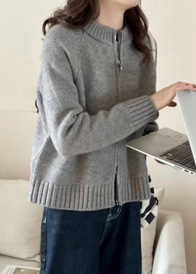 WW | Beige Zipper Patchwork Cozy Long Sleeve Knit Cardigan