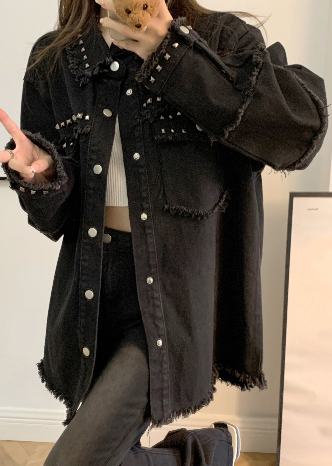 WW | Black Pocket Studded Denim Coats Long Sleeves