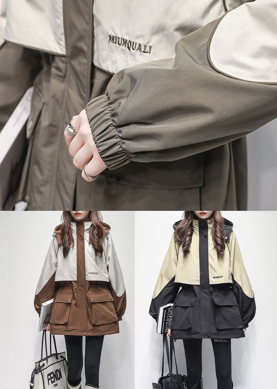WW | Coffee Hood Pockets Patchwork Warm Fleece Coats Winter