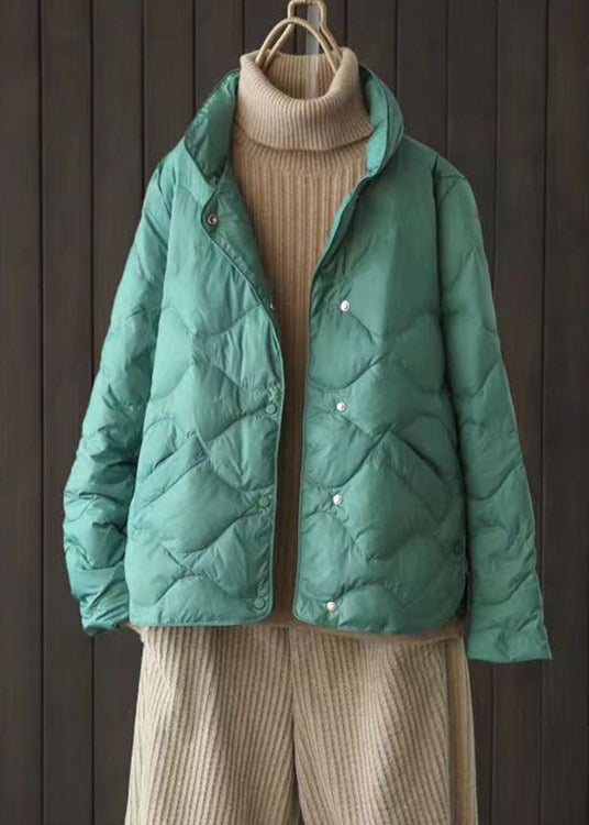 WW | Green Stand-Up Collar Button Duck Down Coats Long Sleeve