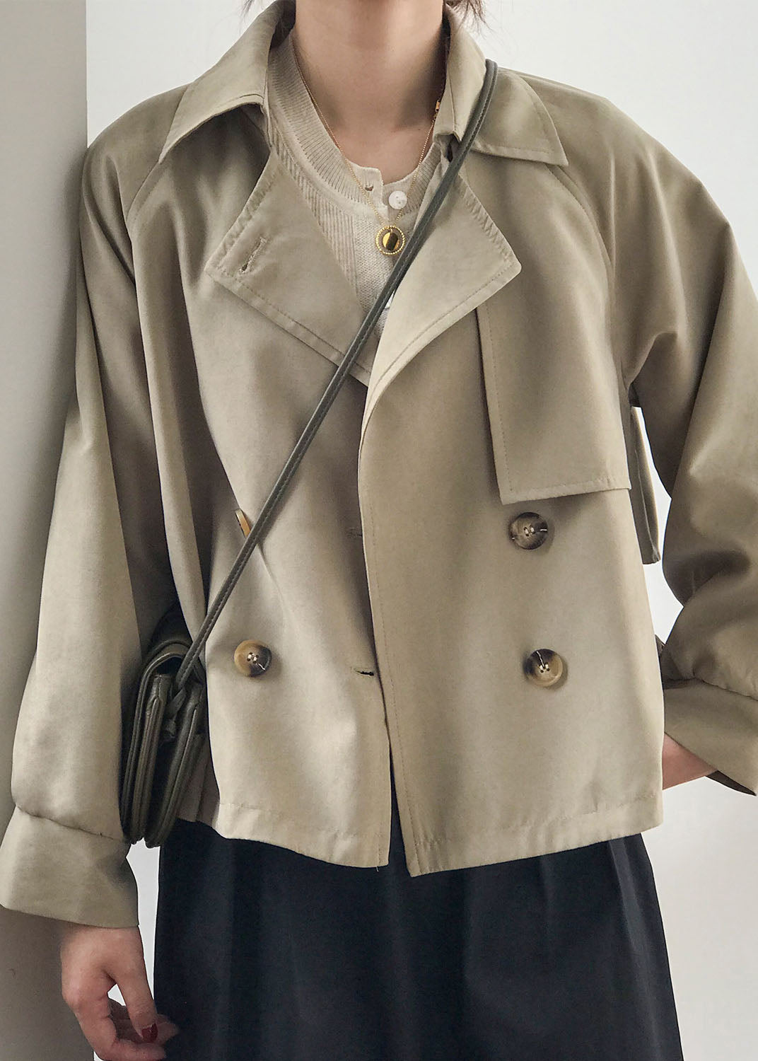 WW | Khaki Peter Pan-Kragen Patchwork Knopf Trenchcoats Frühling