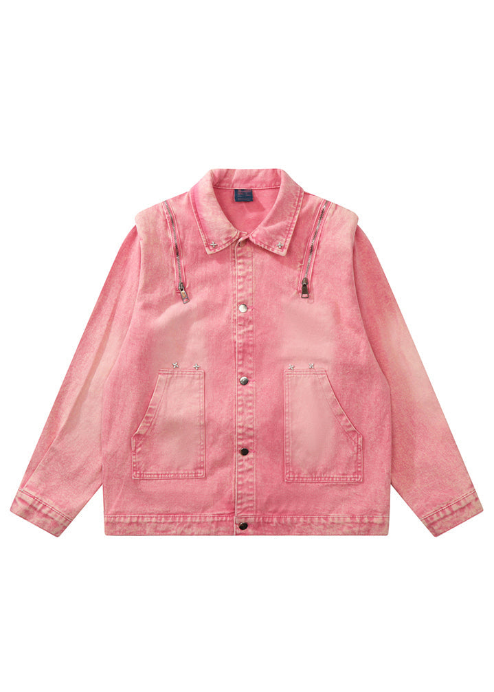 WW | Pink Button Pocket Patchwork Unisex Style Denim Coats