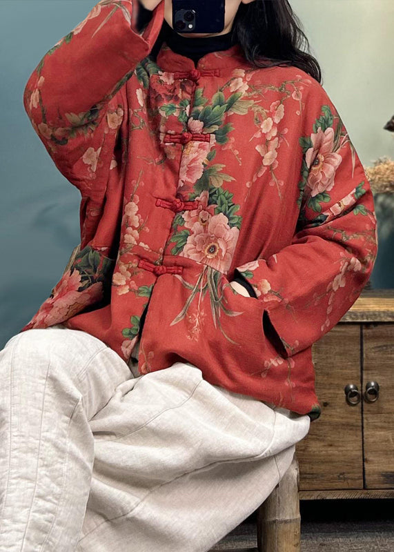 WW | Red Button Print Cotton Filled Long-Sleeved Coats