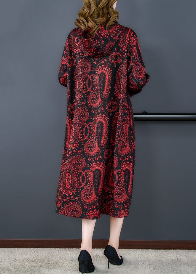WW | Red Hooded Print Pocket Patchwork Cotton Long Coats