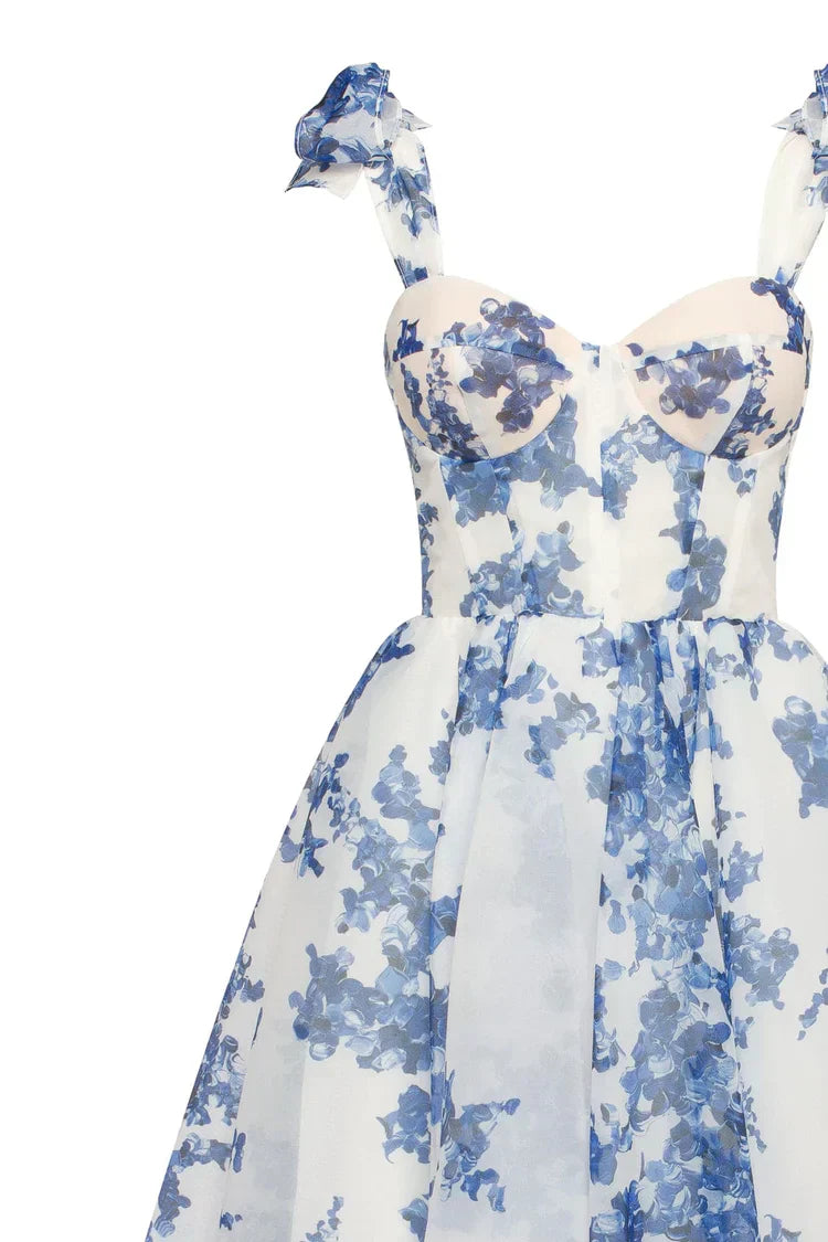 WW | blaues Organza Midi Kleid mit Hortensienmuster