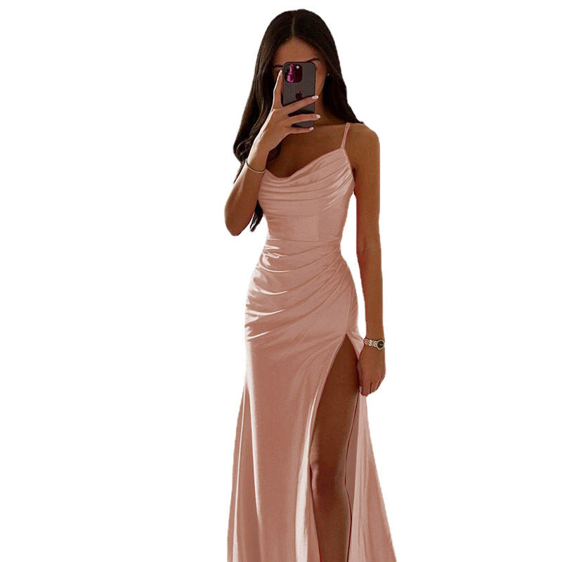 WW | Glänzendes Satin Falten Spalte Abend Maxi Kleid