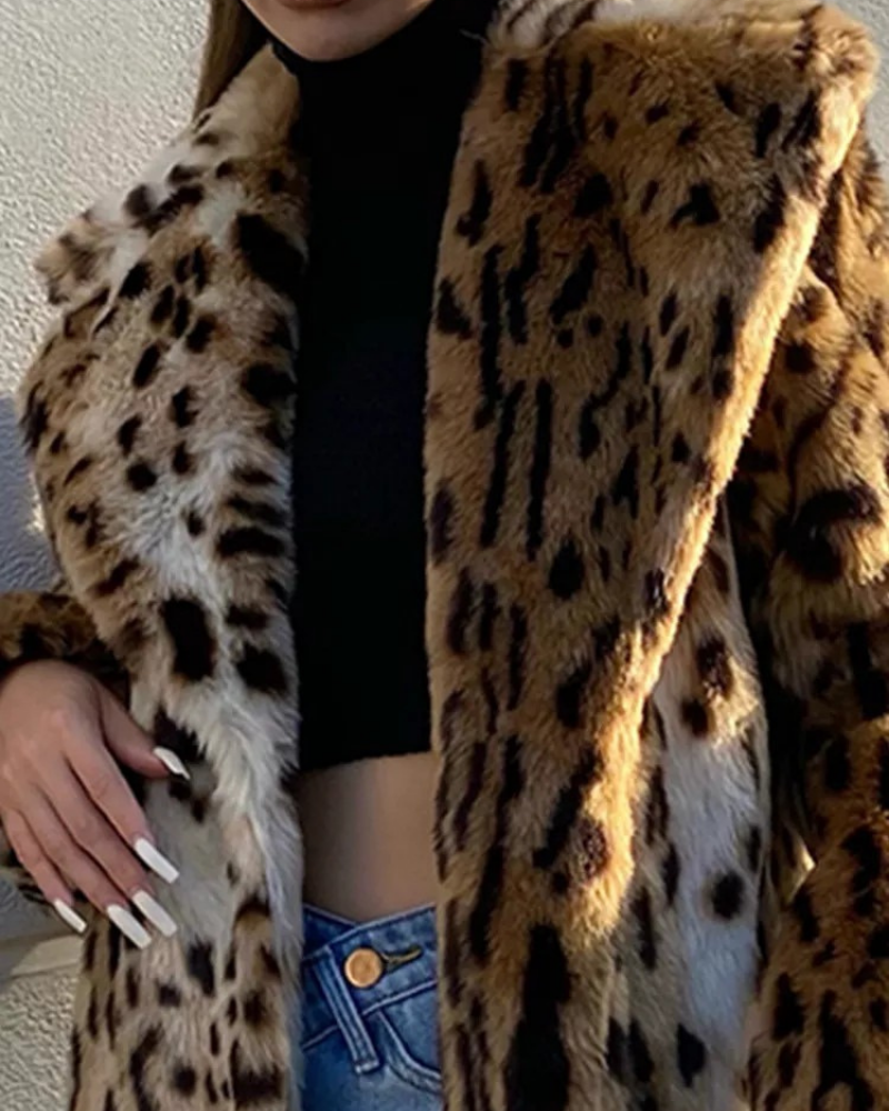 WW | Long Faux Fur Plus Size Animal Print Open Front Collar
