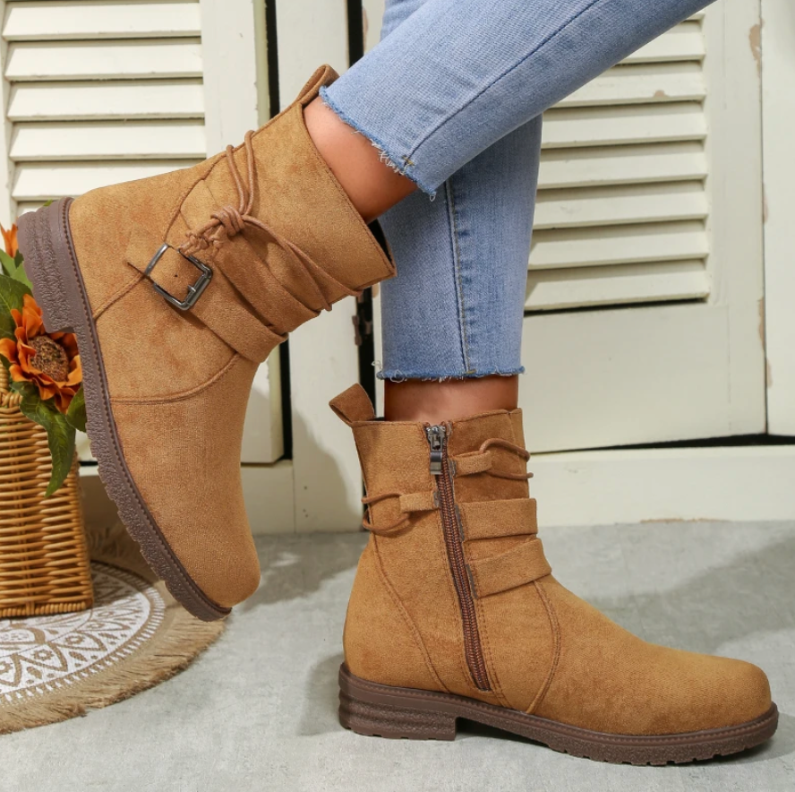 WW | Suede Ankle Boots Round Toe Zip And Decorative Buckle