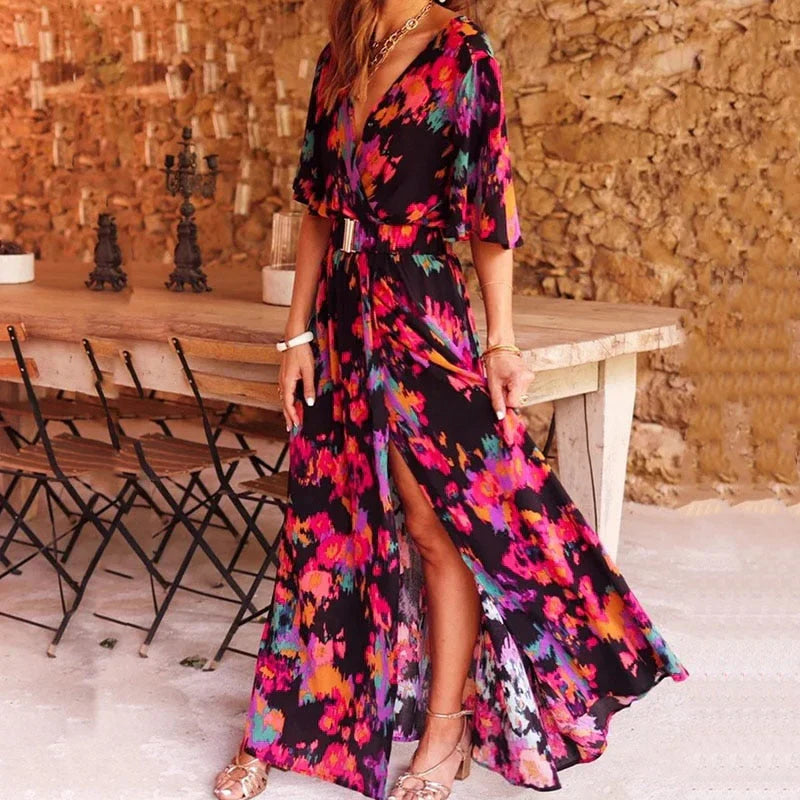 WW | Boho-Maxikleid mit V-Ausschnitt und Gürtel