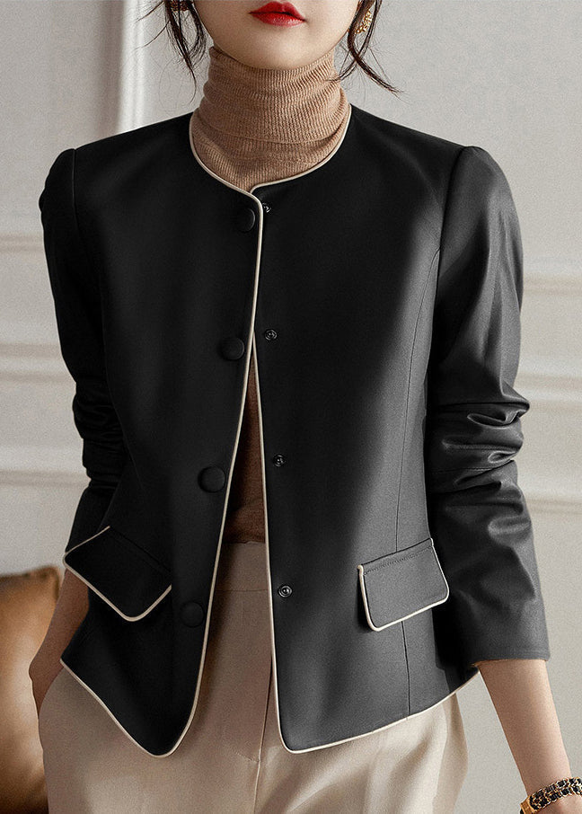 WW | Black O-Neck Button Patchwork Shearling Coats