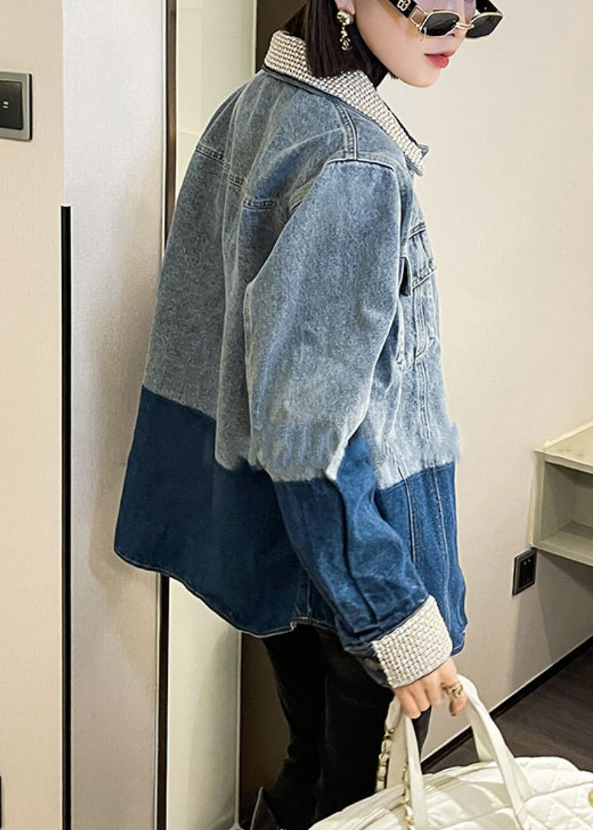 WW | Blue Peter Pan Collar Button Patchwork Denim Coats Long Sleeves