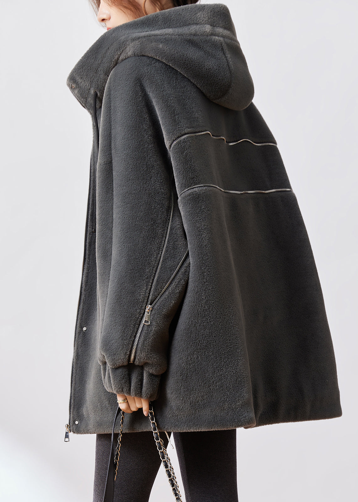 WW | Dark Gray Zipper Cotton-Padded Mink Velvet Coats Winter