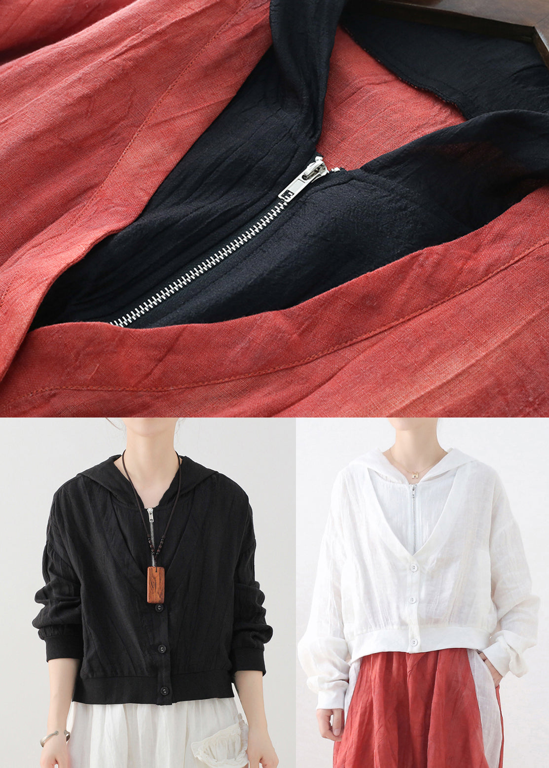 WW | Red Colorblock Patchwork Linen Fake Two-Piece Long Sleeve Coats