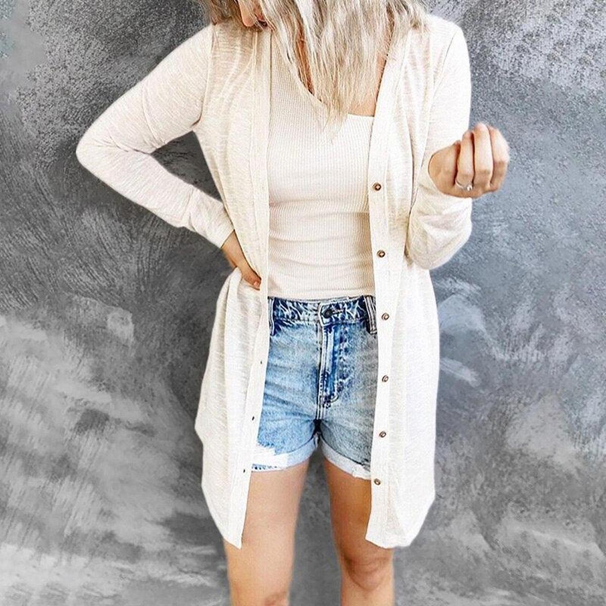 WW | Damen Lange Strickjacke mit Knopfschluss und Langen Ärmeln