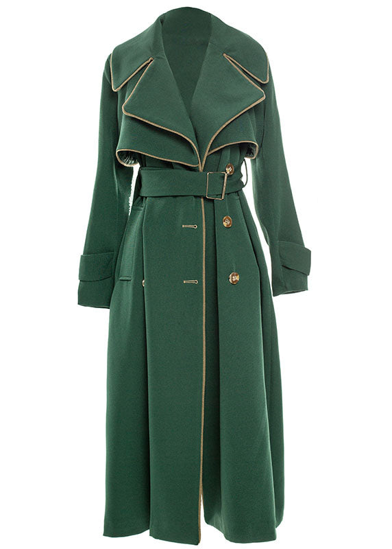 WW | Black-Green Notched Patchwork Long Ribbons Trench Coats Long Sleeves
